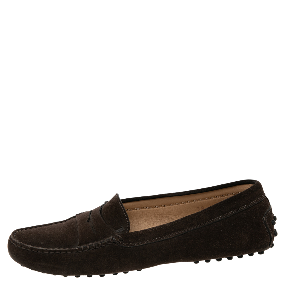 

Tod's Dark Brown Suede Penny Slip On Loafers Size