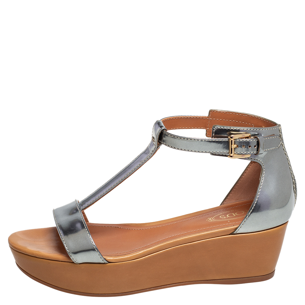 

Tod's Silver Patent Leather T-Strap Wedge Platform Ankle Strap Sandals Size