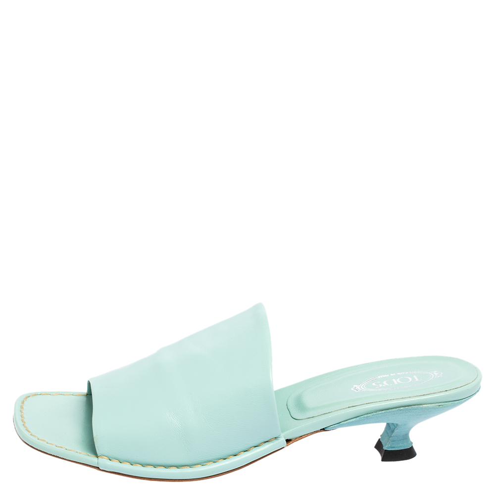 

Tod's Light Blue Leather Kitten Heel Slide Sandals Size