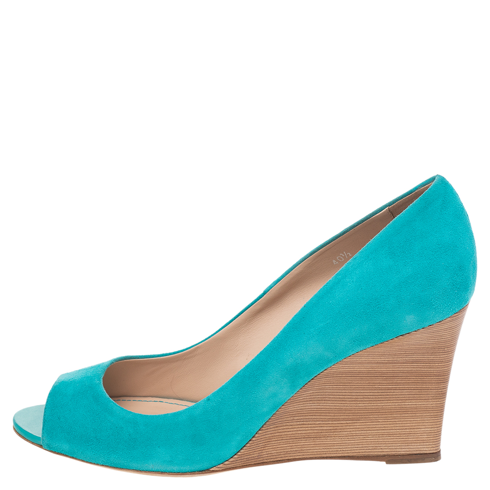 

Tod's Turquoise Suede Peep Toe Wedge Pumps Size, Blue