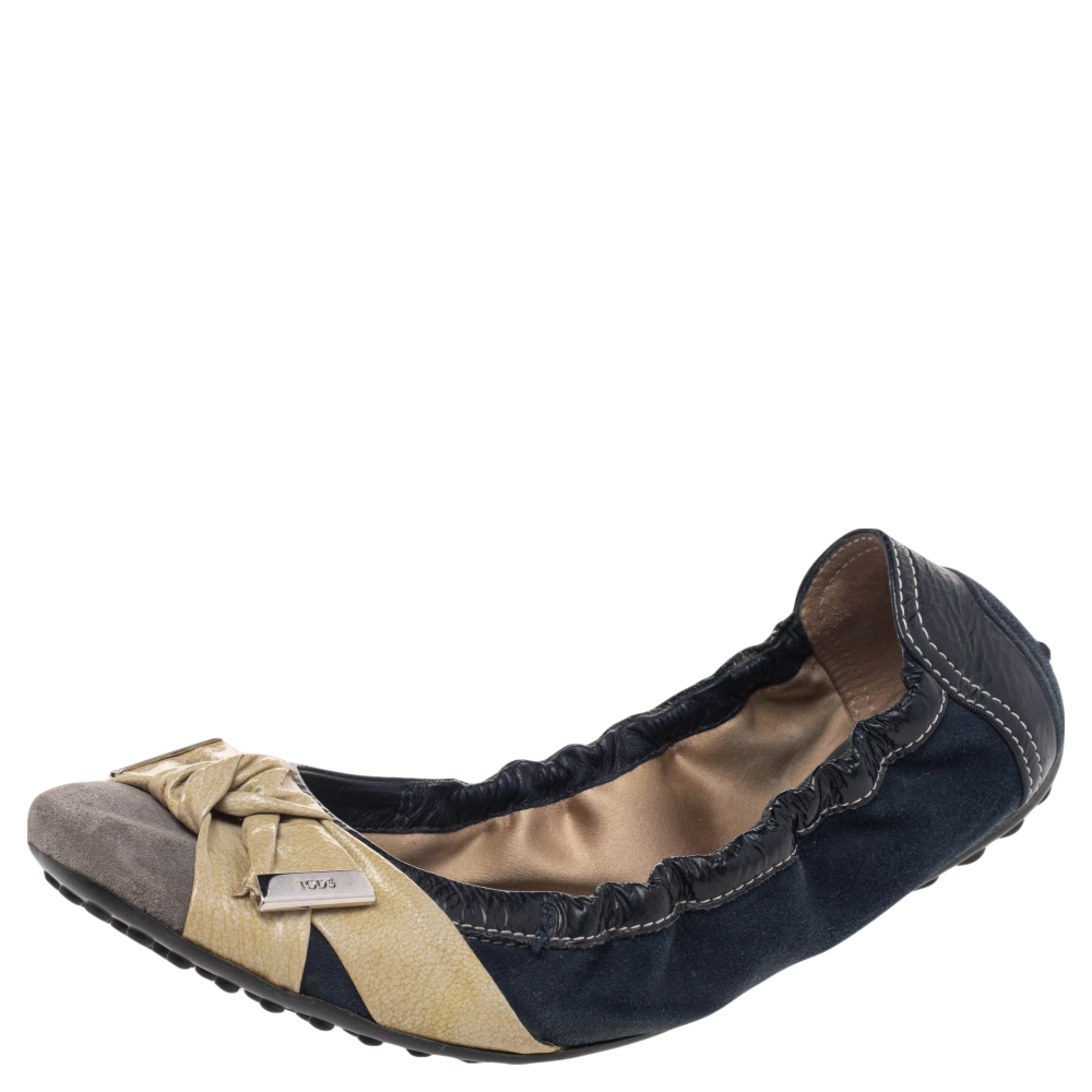 

Tod's Multicolor Leather And Suede Bow Scrunch Ballet Flats Size