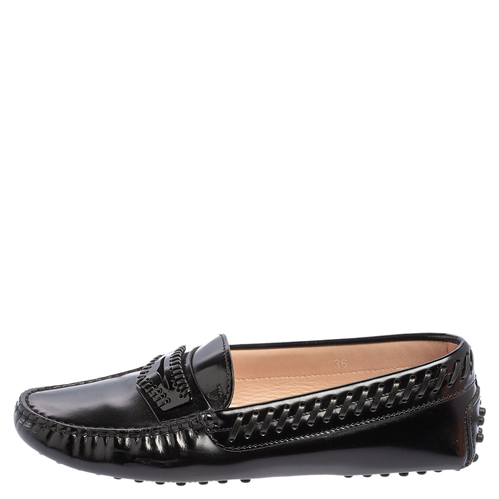 

Tod's Black Glossy Leather Whip Stitch Detail Penny Slip On Loafers Size