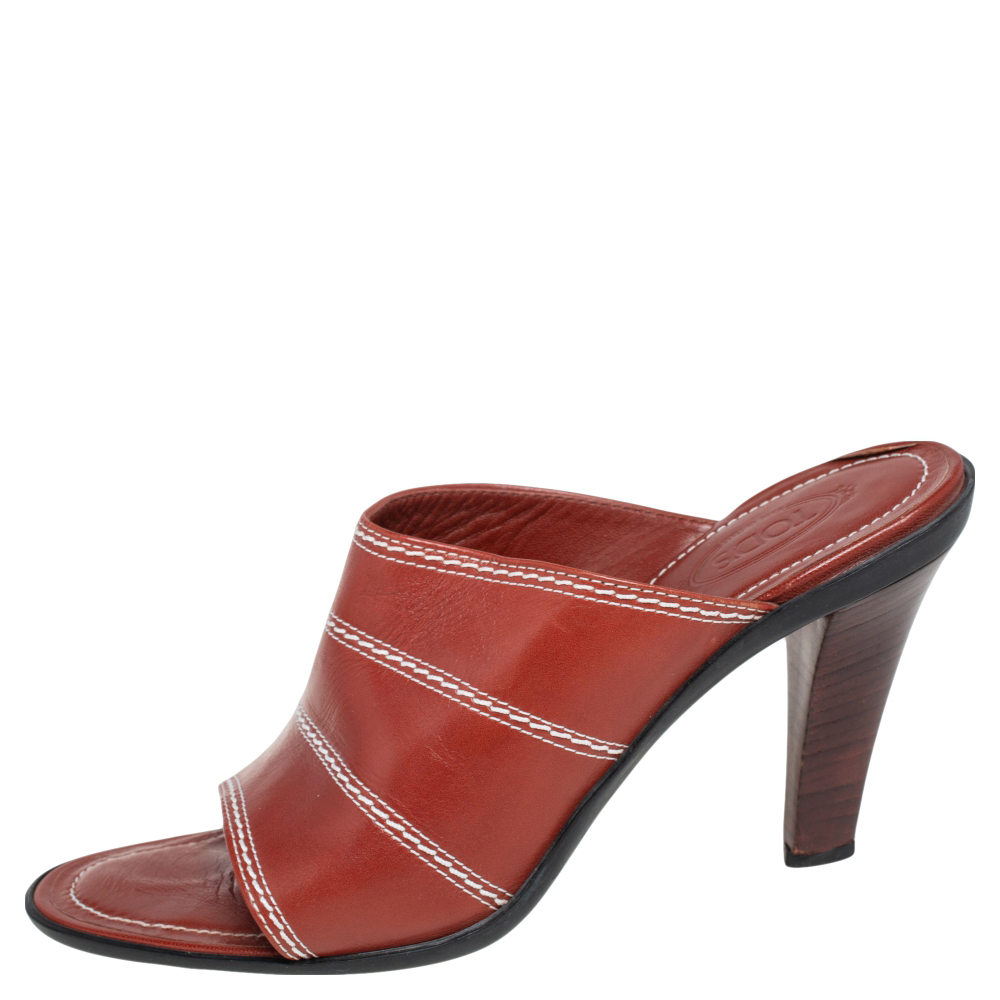 

Tod's Brown Leather Open Toe Mule Sandals Size