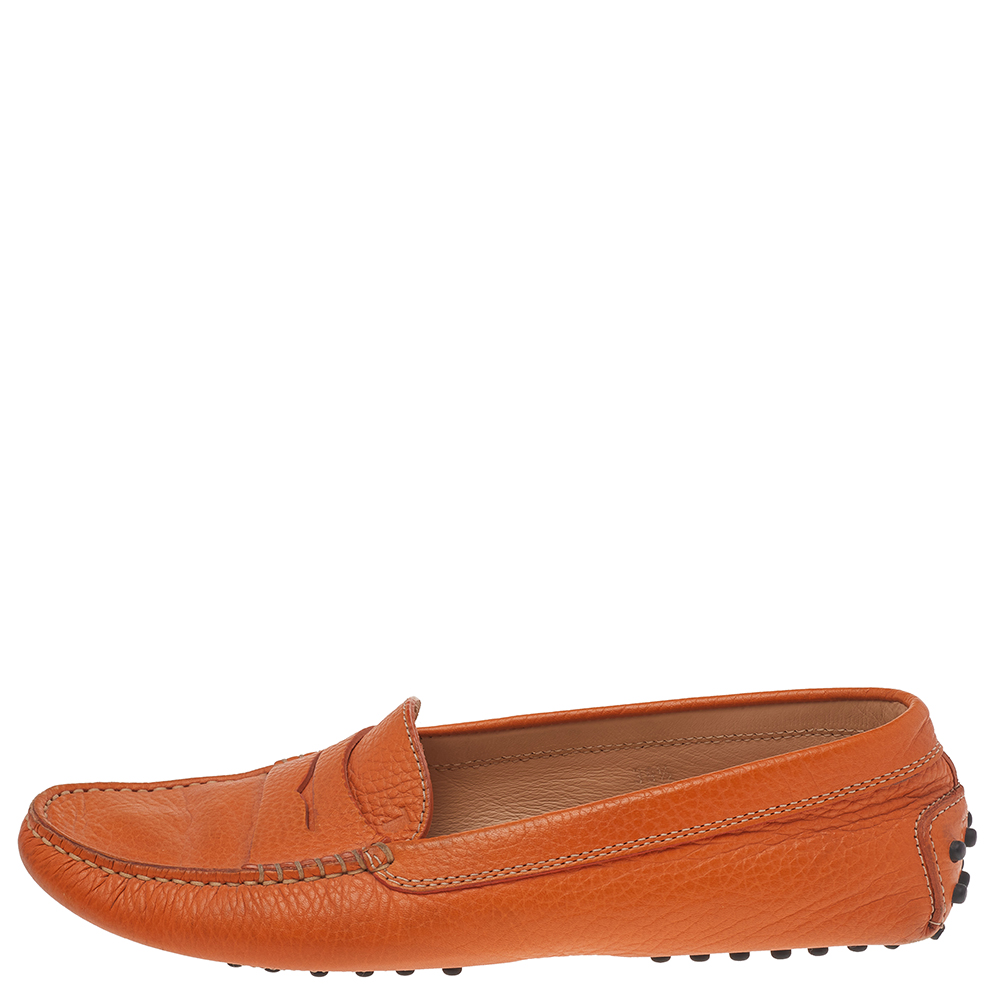 

Tod's Orange Leather Gommino Slip On Loafers Size