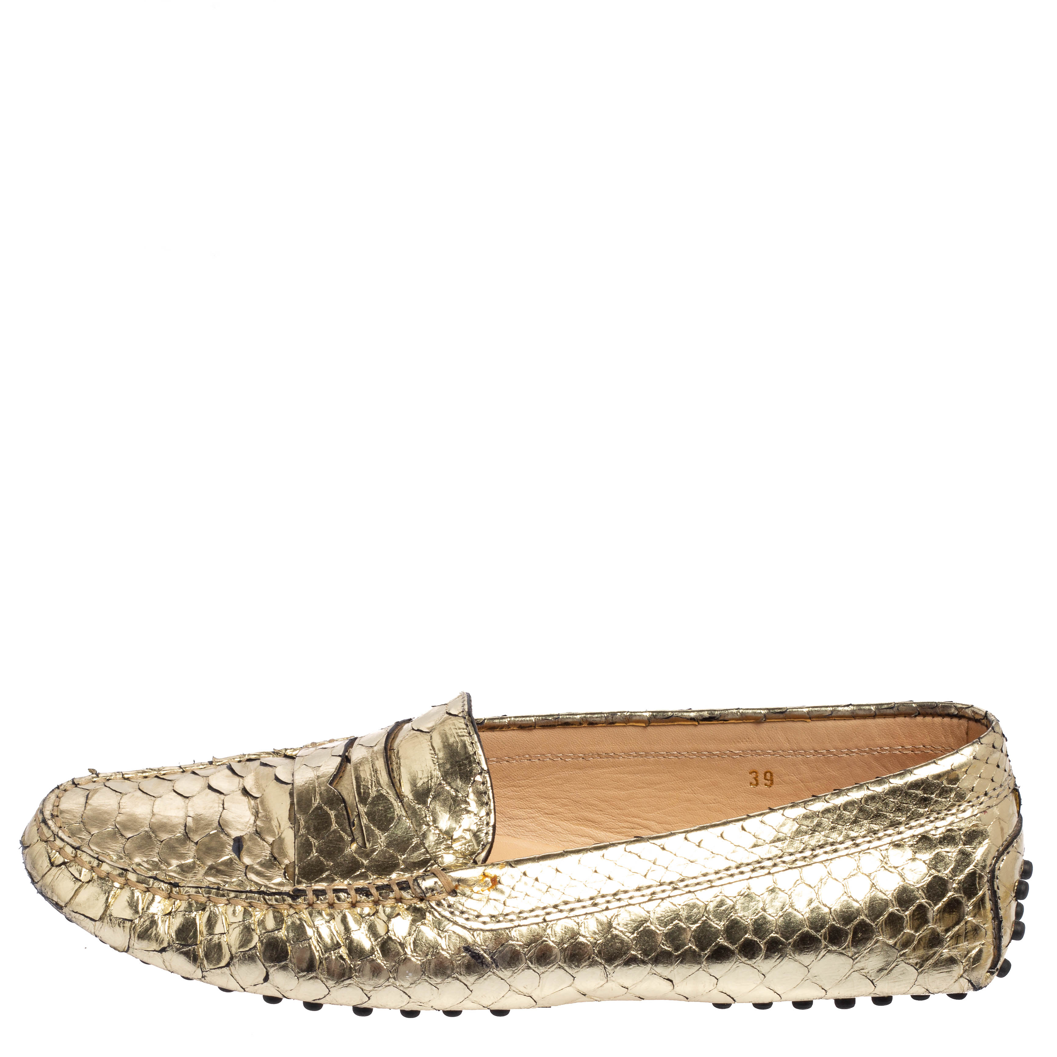

Tod's Gold Python Leather Penny Slip On Loafers Size