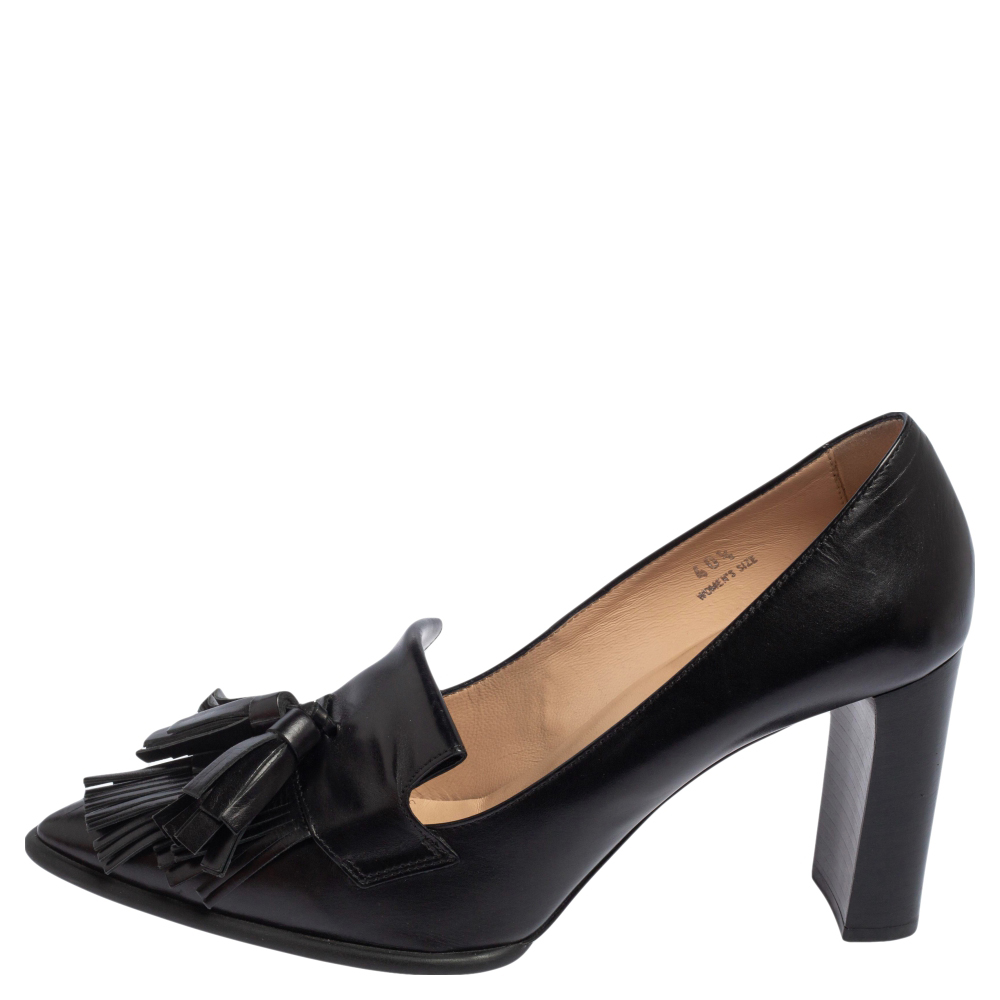 

Tod's Black Leather Tassel Block Heel Loafer Pumps Size