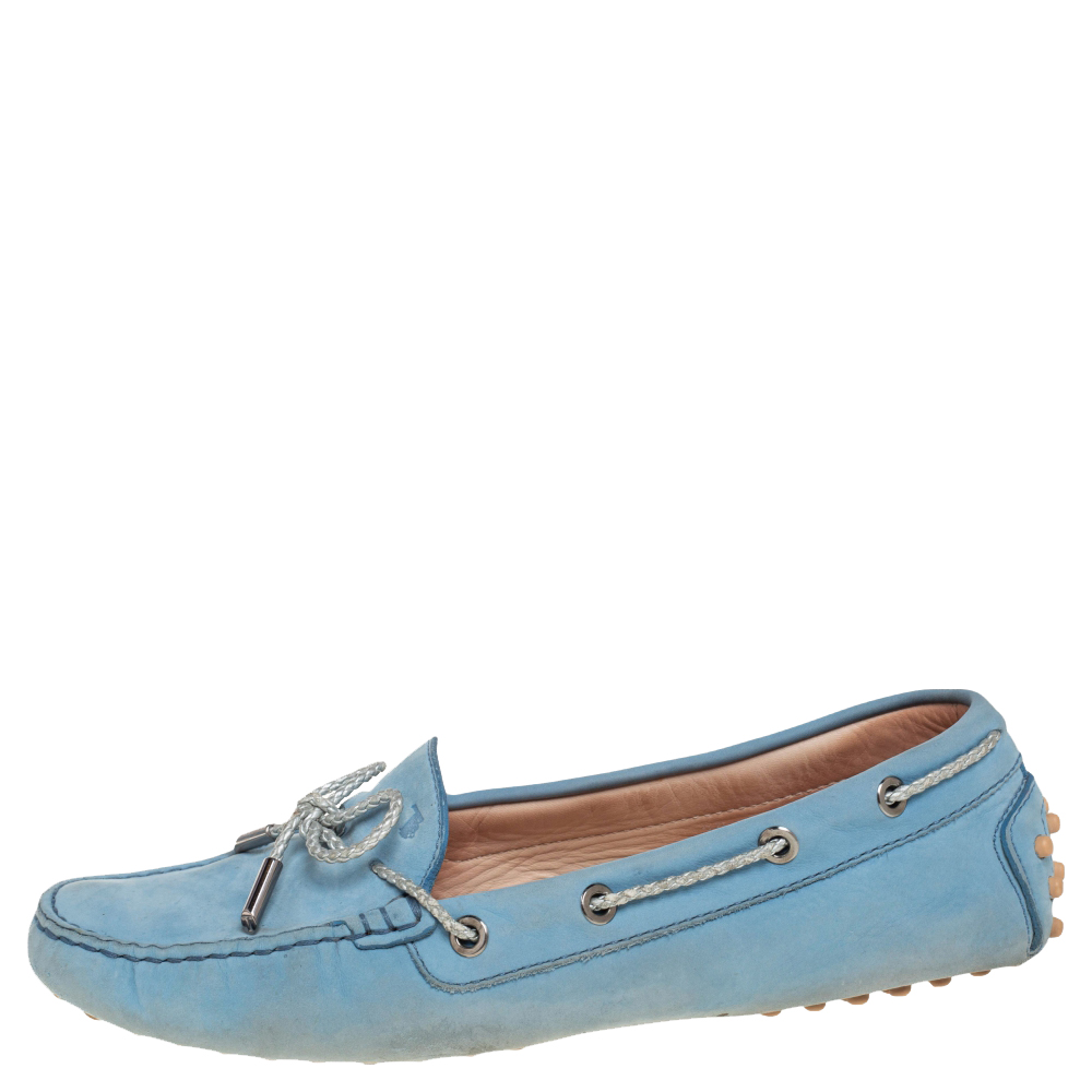 

Tod's Blue Nubuck Leather Slip On Cord Bow Loafers Size