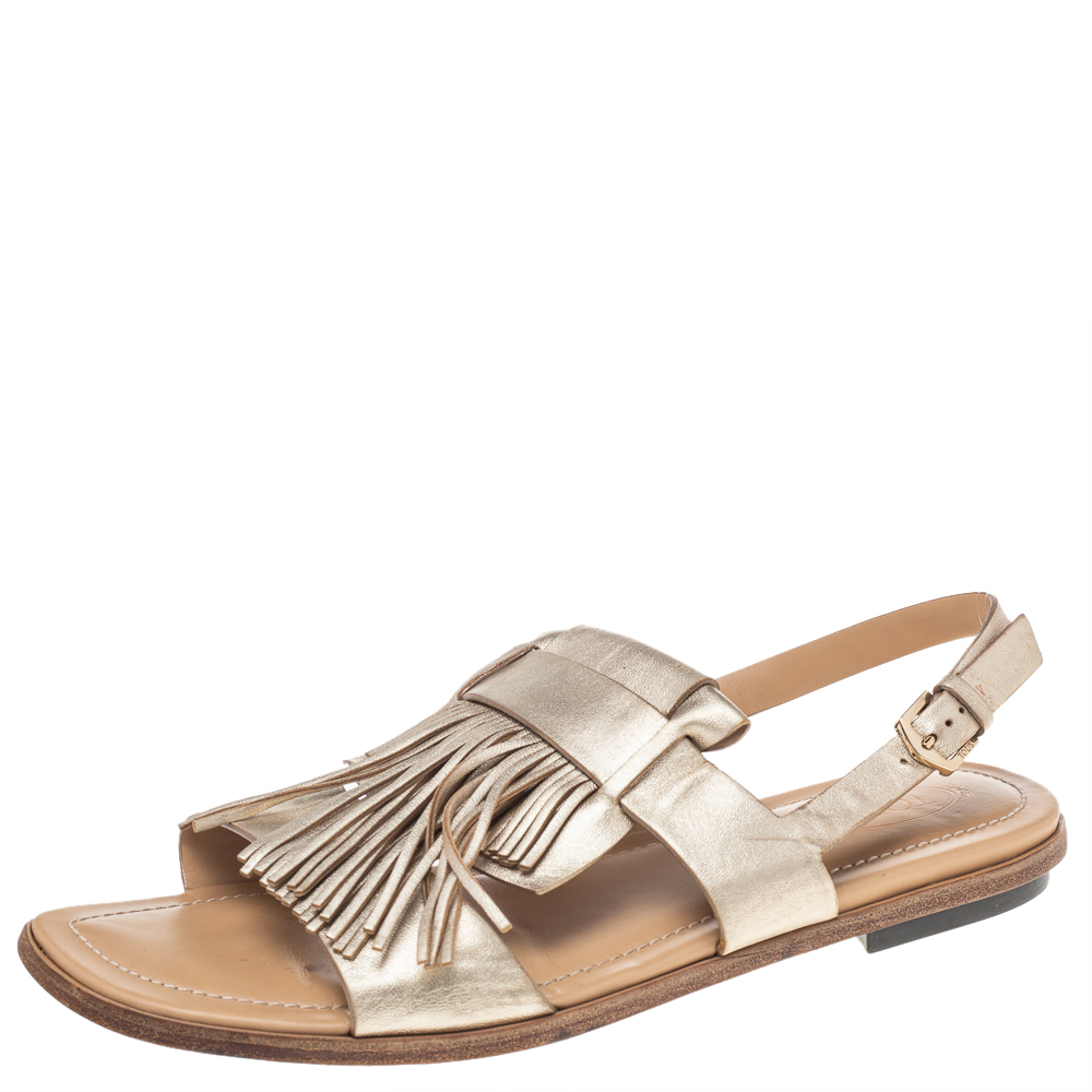 

Tod's Metallic Gold Leather Fringe Slingback Flat Sandals Size