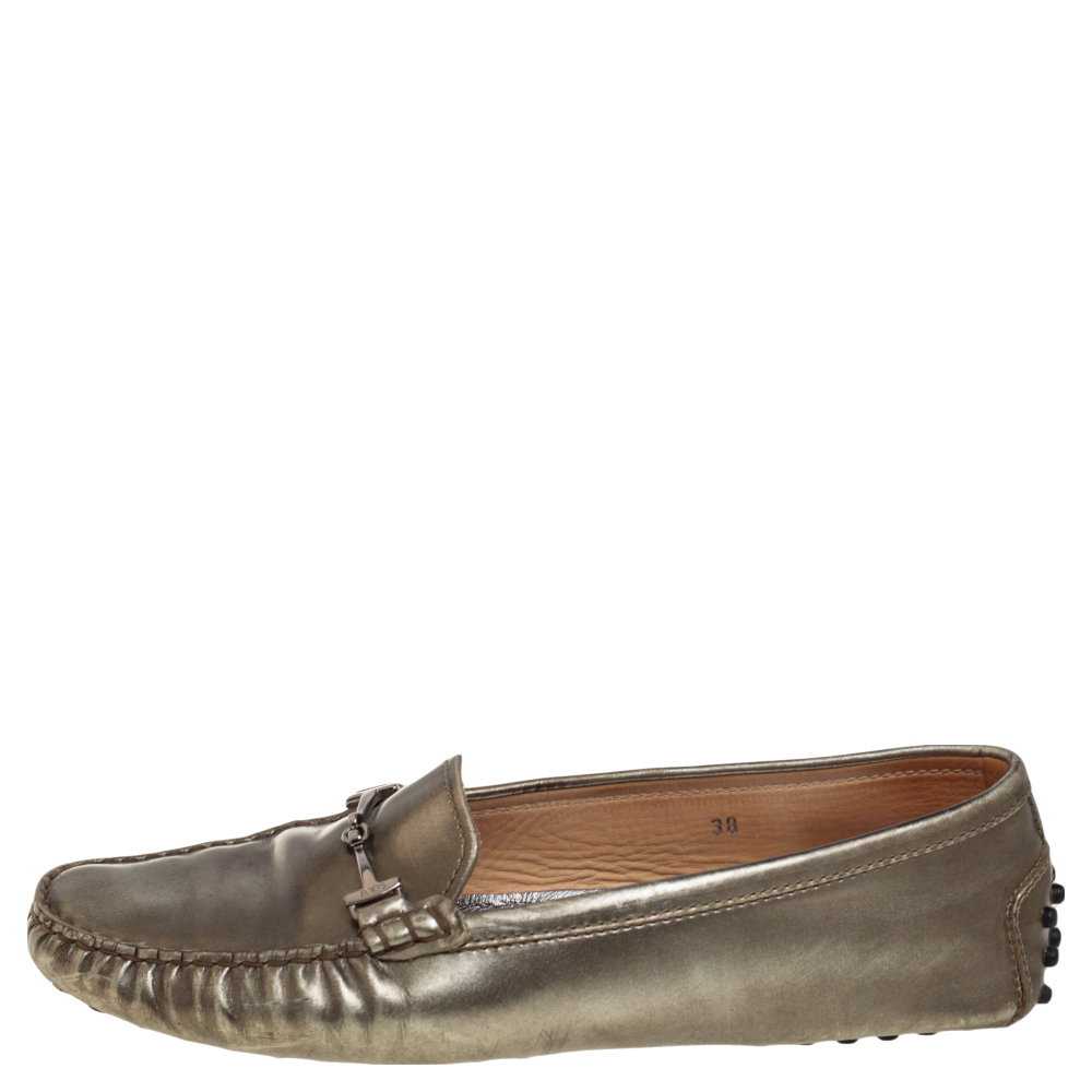 

Tod's Metallic Bronze Leather T-Buckle Slip On Loafers Size