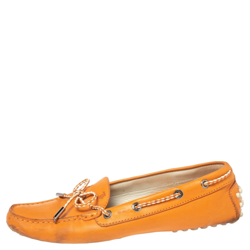 

Tod's Orange Leather Bow Slip On Loafers Size