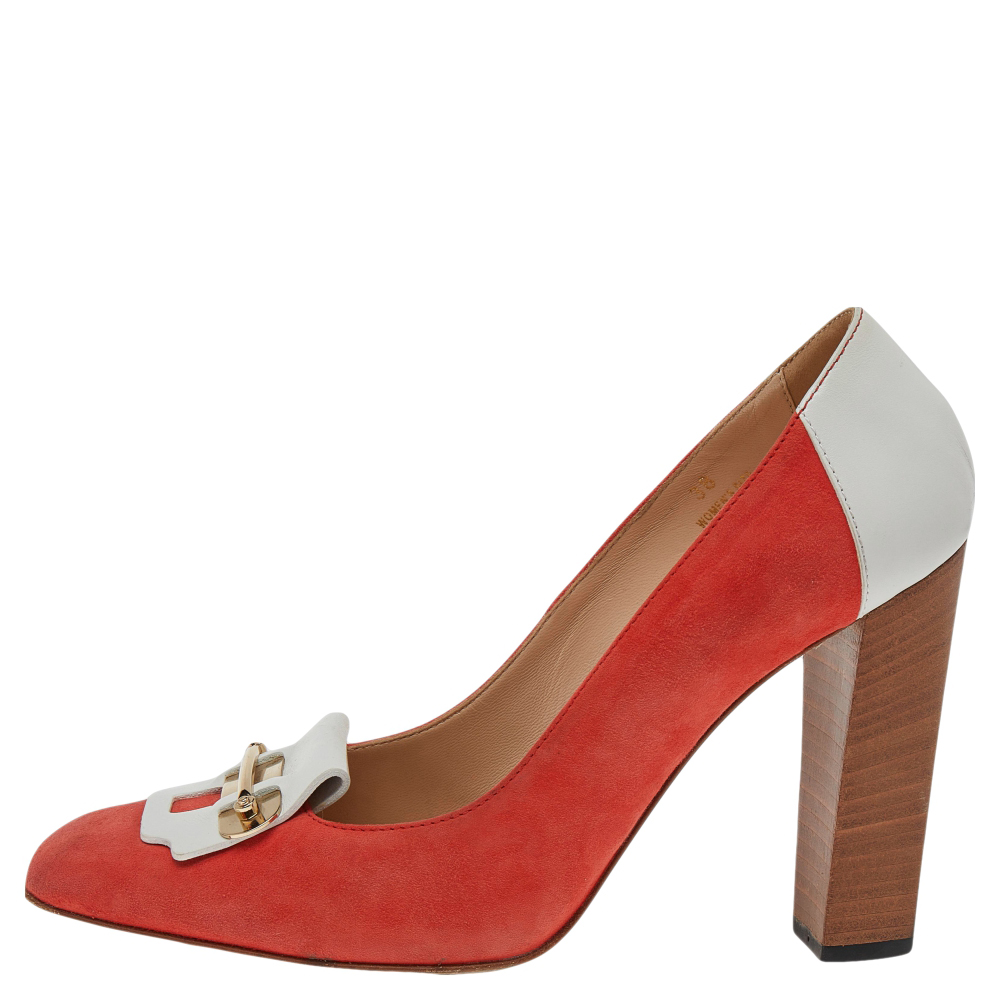 

Tod's Orange/White Leather And Suede Embellished Block Heel Pumps Size
