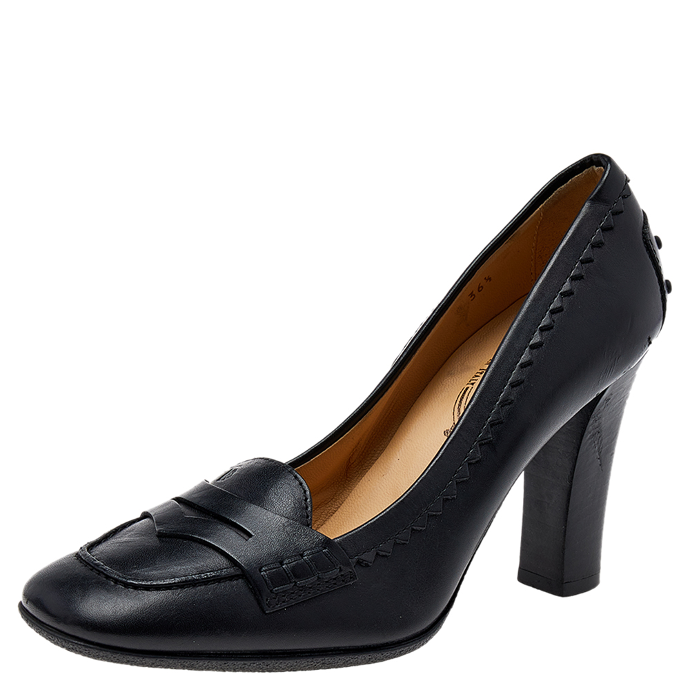 

Tod's Black Leather Penny Loafer Pumps Size