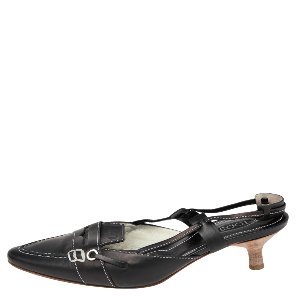 

Tod's Black Leather Penny Slingback Sandals Size