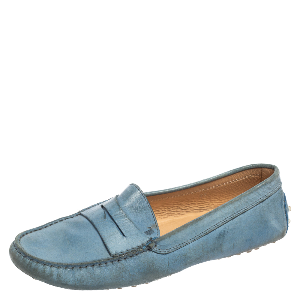 

Tod's Light Blue Leather Penny Slip On Loafers Size