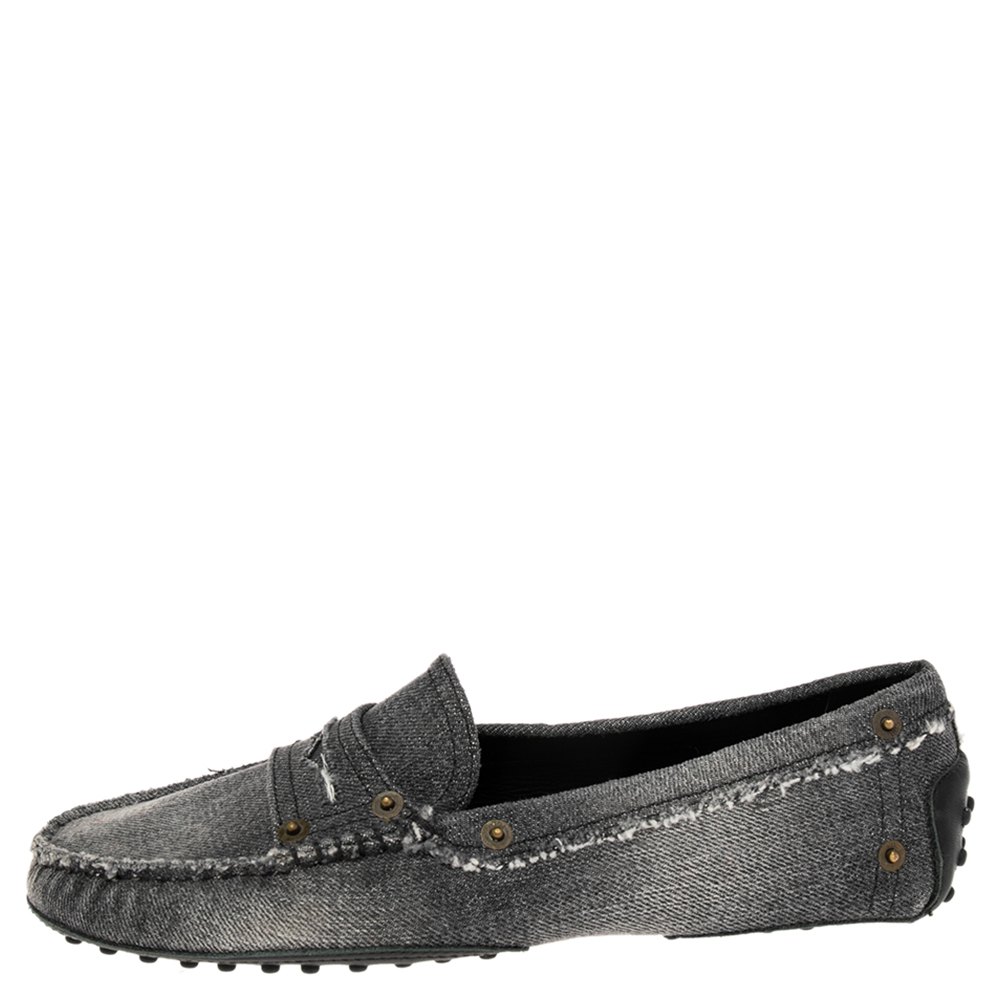 

Tod's Grey Denim Gommini Penny Slip On Loafers Size