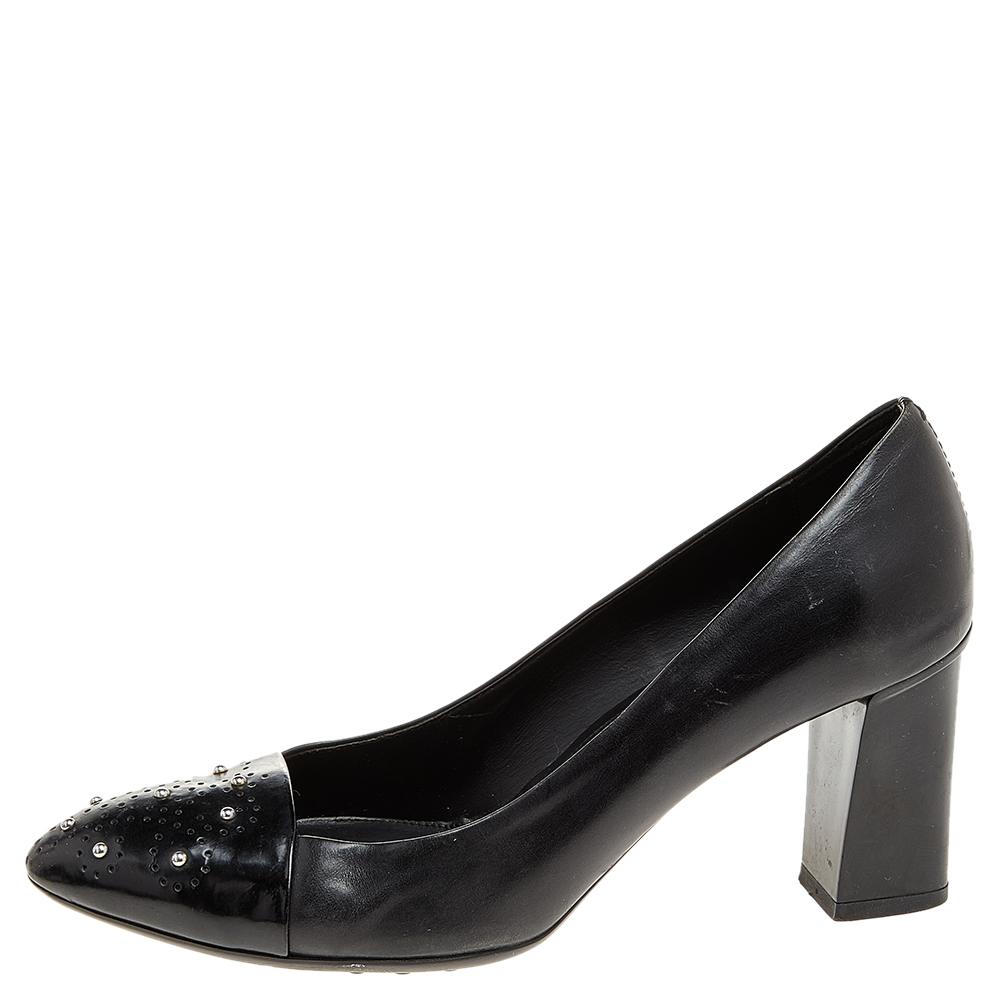 

Tod's Black Leather Embellished Block Heel Pumps Size