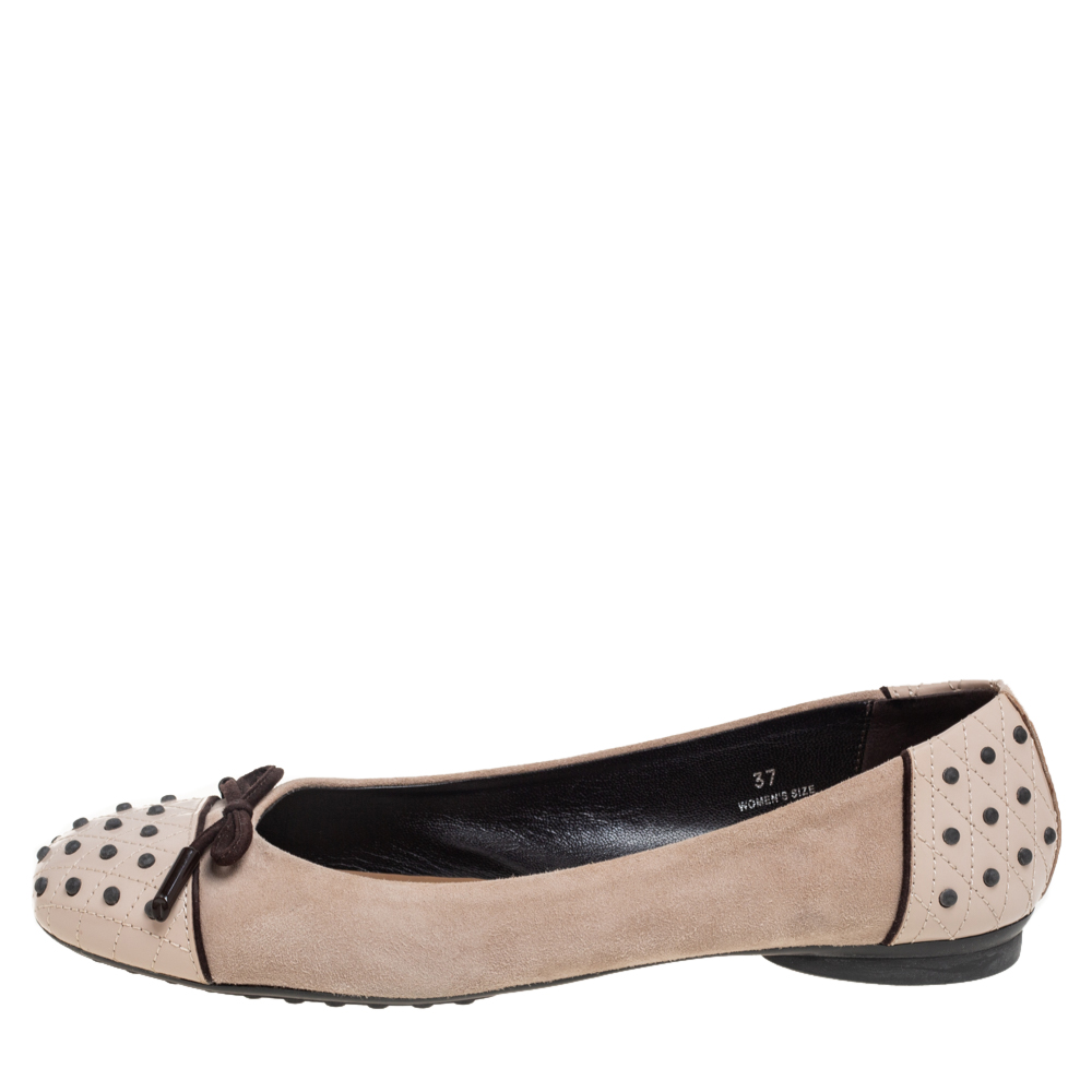 

Tod's Beige/Brown Suede and Leather Studded Bow Cap Toe Ballet Flats Size