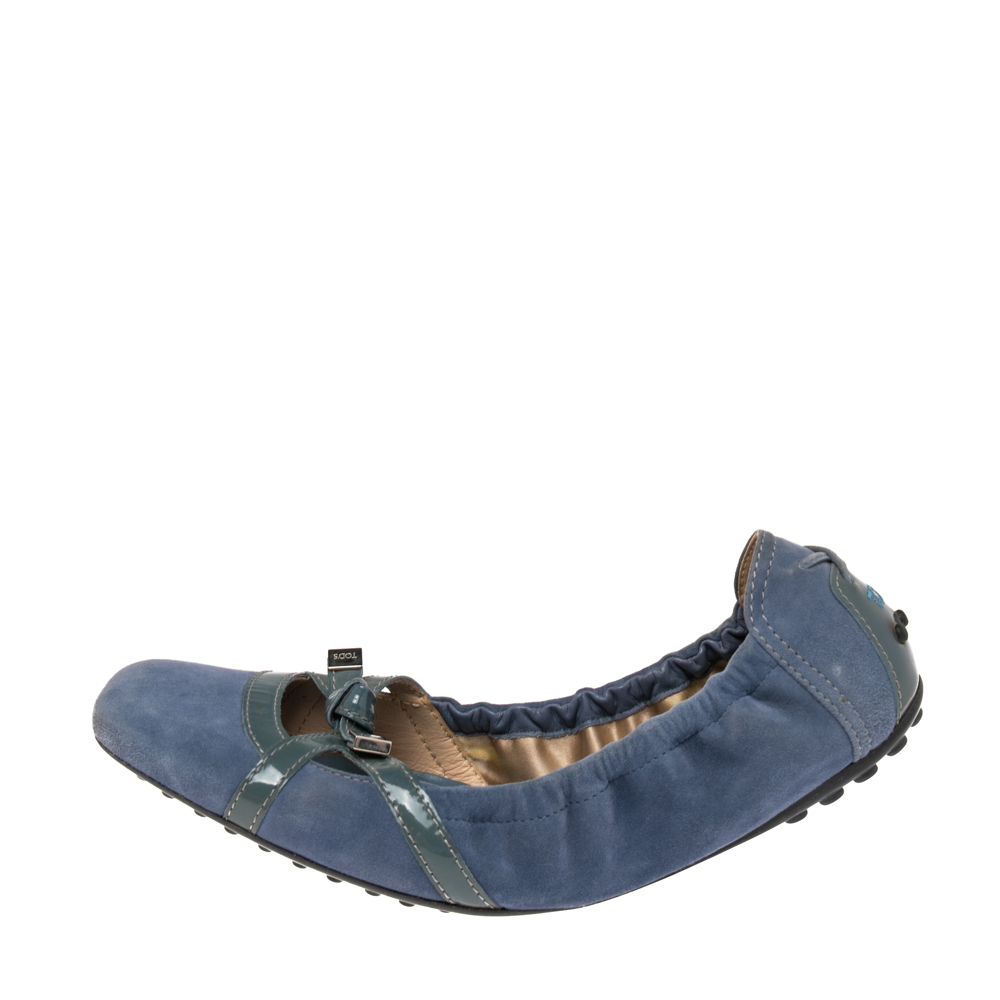 

Tod's Blue Suede And Patent Leather Bow Scrunch Ballet Flats Size