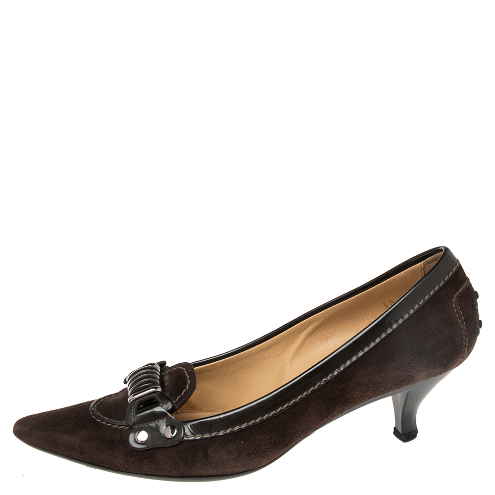 

Tod's Brown Patent Leather and Suede Pointed Toe Penny Loafer Pumps Size