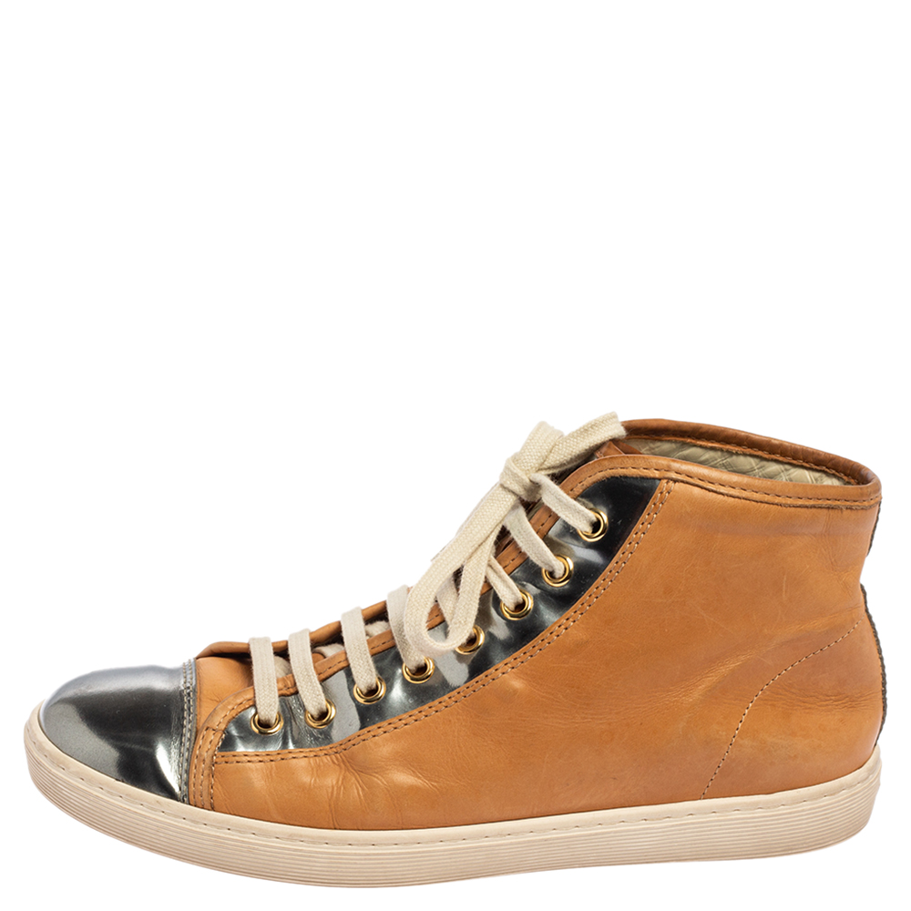 

Tod's Silver/Brown Leather Cap-Toe High-Top Sneakers Size