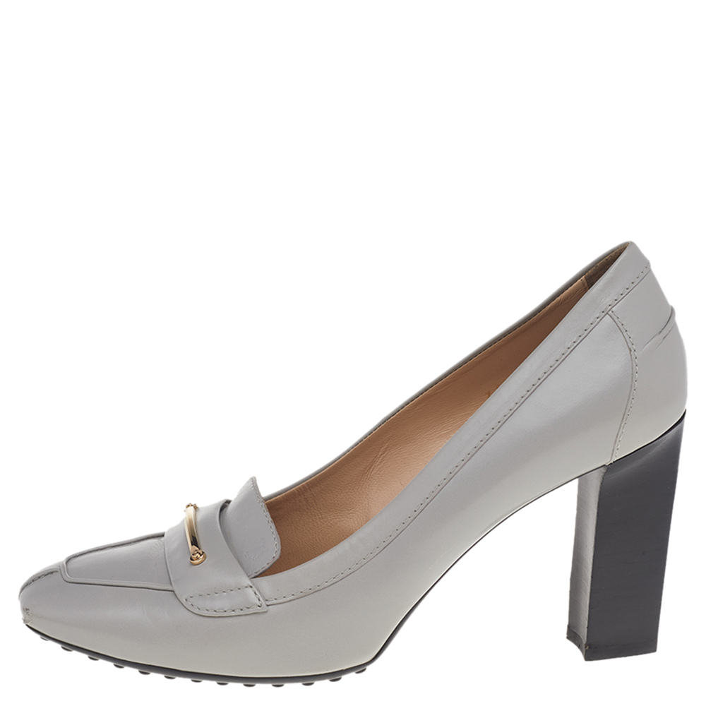 

Tod's Grey Leather Block Heel Loafer Pumps Size