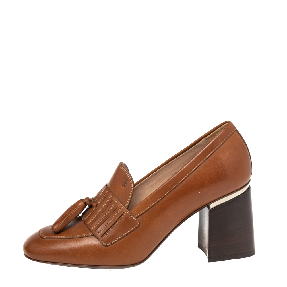 

Tod's Brown Leather Tassel Block Heel Loafer Pumps Size
