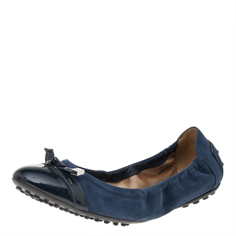 

Tod's Navy Blue Suede And Patent Leather Trim Toe Cap Scrunch Ballet Flats Size