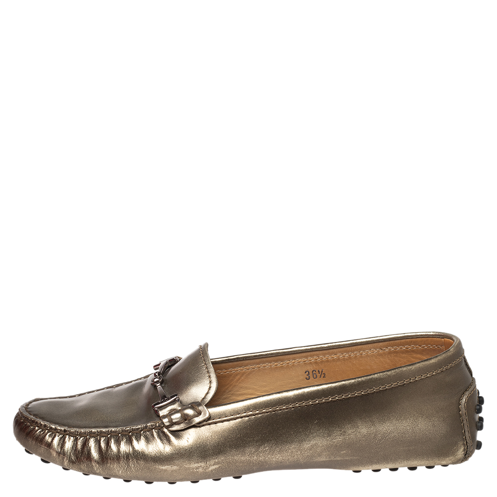 

Tod's Metallic Bronze Leather T Buckle Slip On Loafers Size