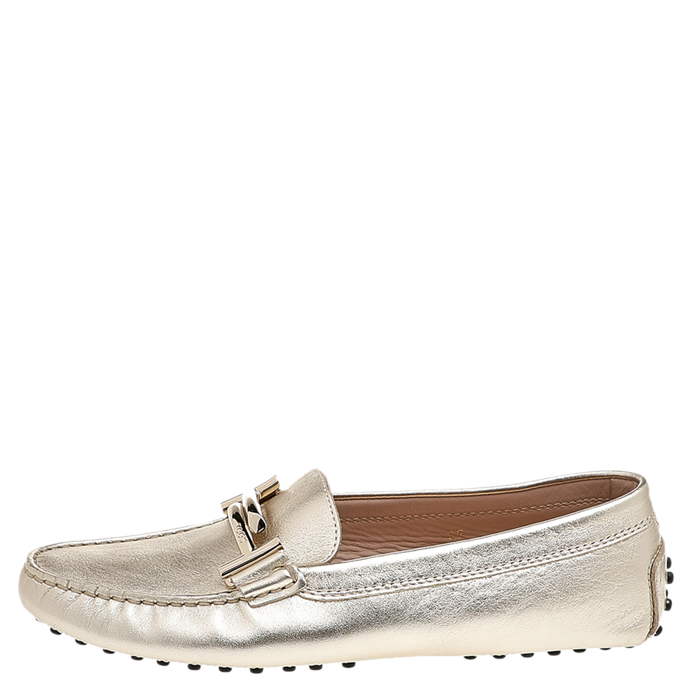 

Tod's Metallic Gold Leather T-Buckle Slip On Loafers Size