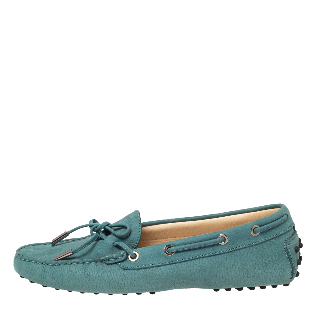 

Tod's Green Nubuck Leather Bow Driving Loafers Size