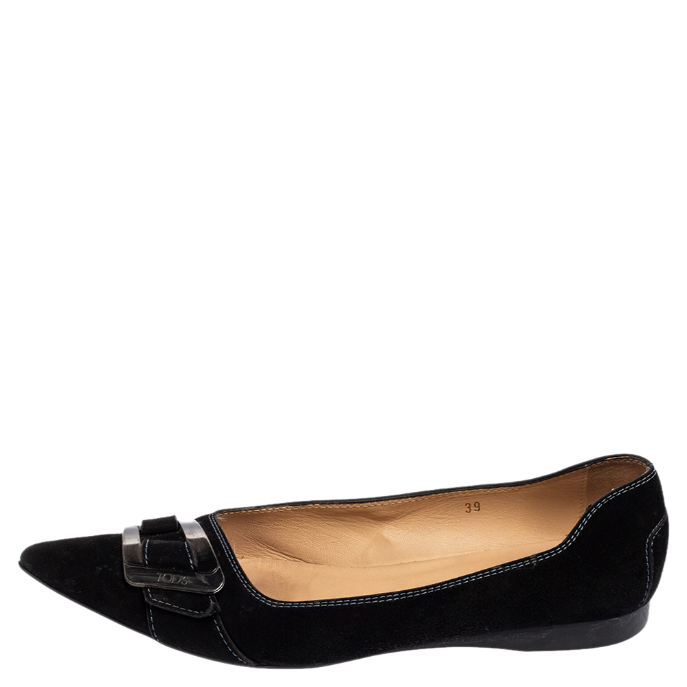 

Tod's Black Suede And Leather Bow Embellished Pointed Toe Flats Size