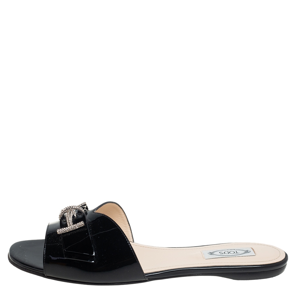 

Tod's Black Patent Leather Double T Crystals Embellished Flat Sandals Size