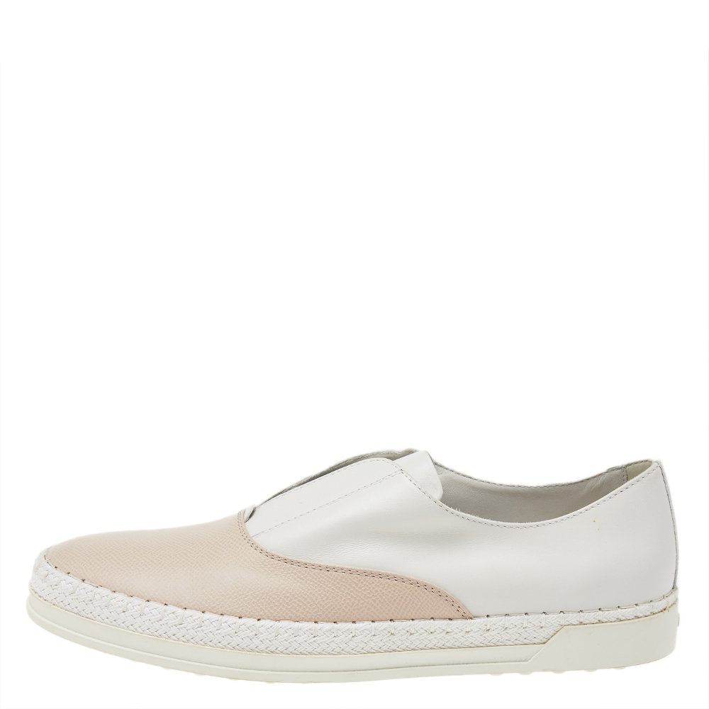 

Tod's Peach/White Leather Francesina Slip On Espadrille Sneakers