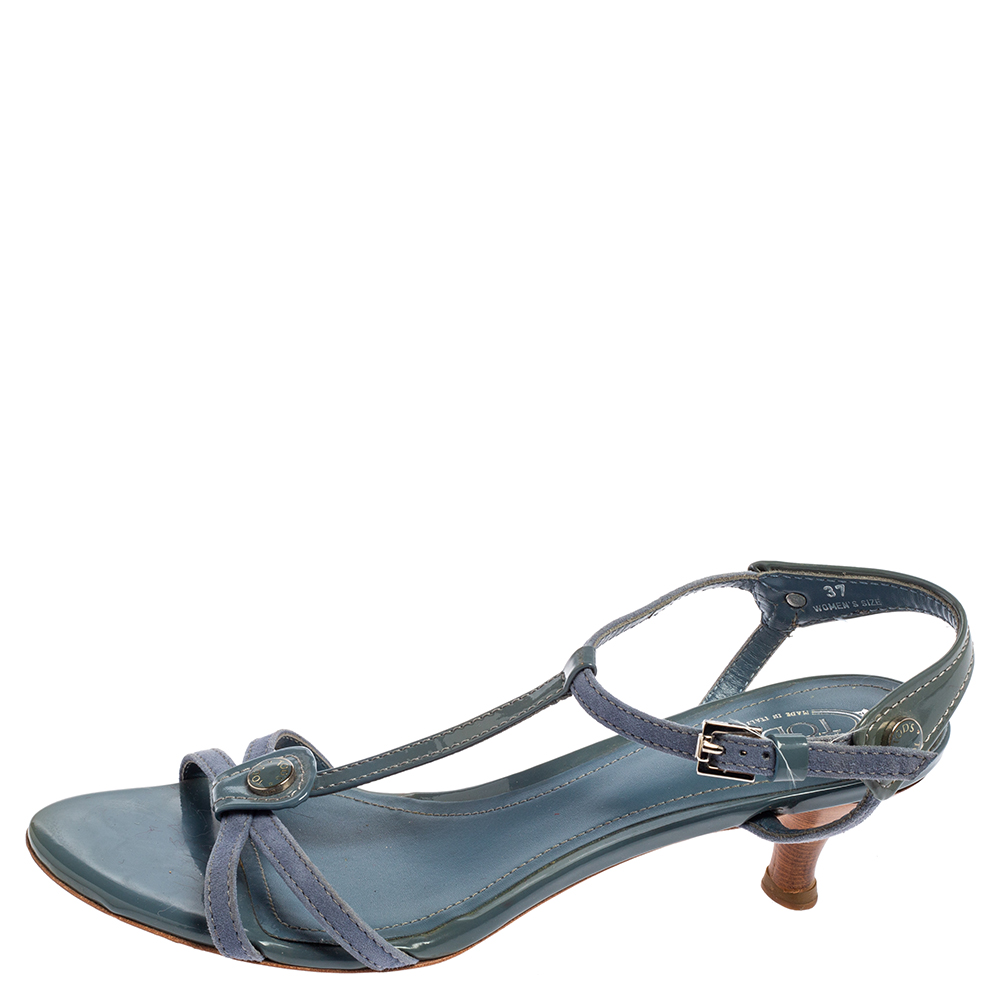 

Tod's Stone Blue Suede and Patent Leather T Strap Sandals Size