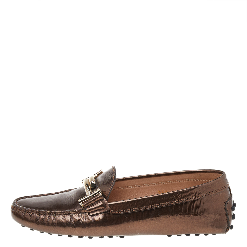 

Tod's Metallic Brown Leather Double T Slip On Loafers Size