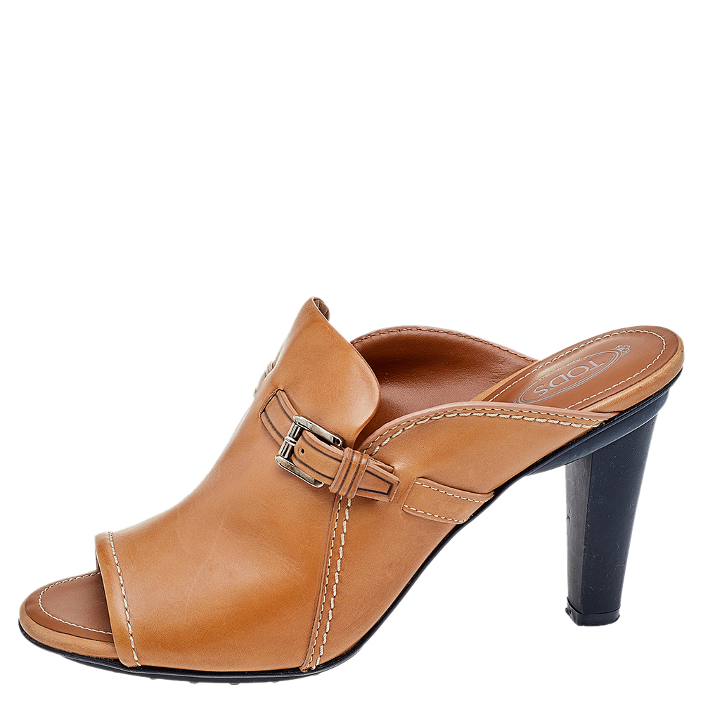 

Tod's Brown Leather Open Toe Buckle Detail Mule Sandals Size