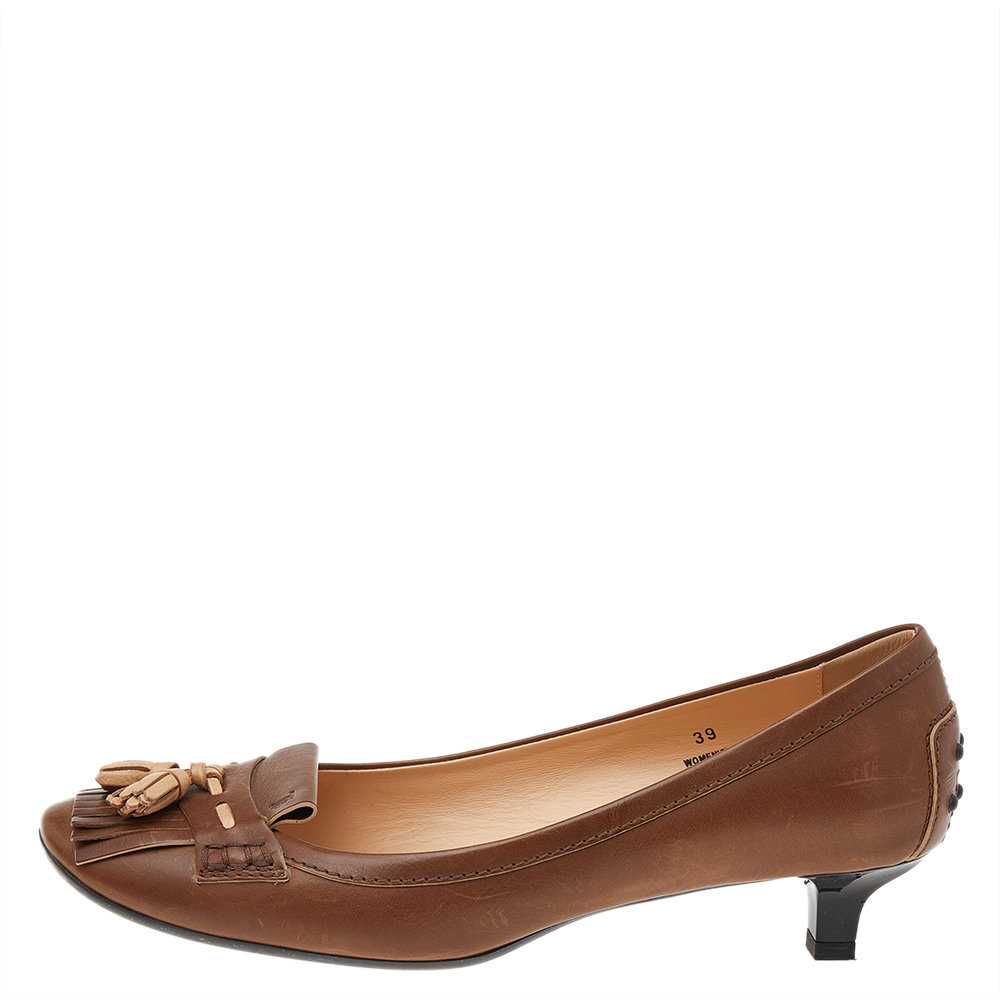 

Tod's Brown Leather Square Toe Fringe Loafer Pumps Size