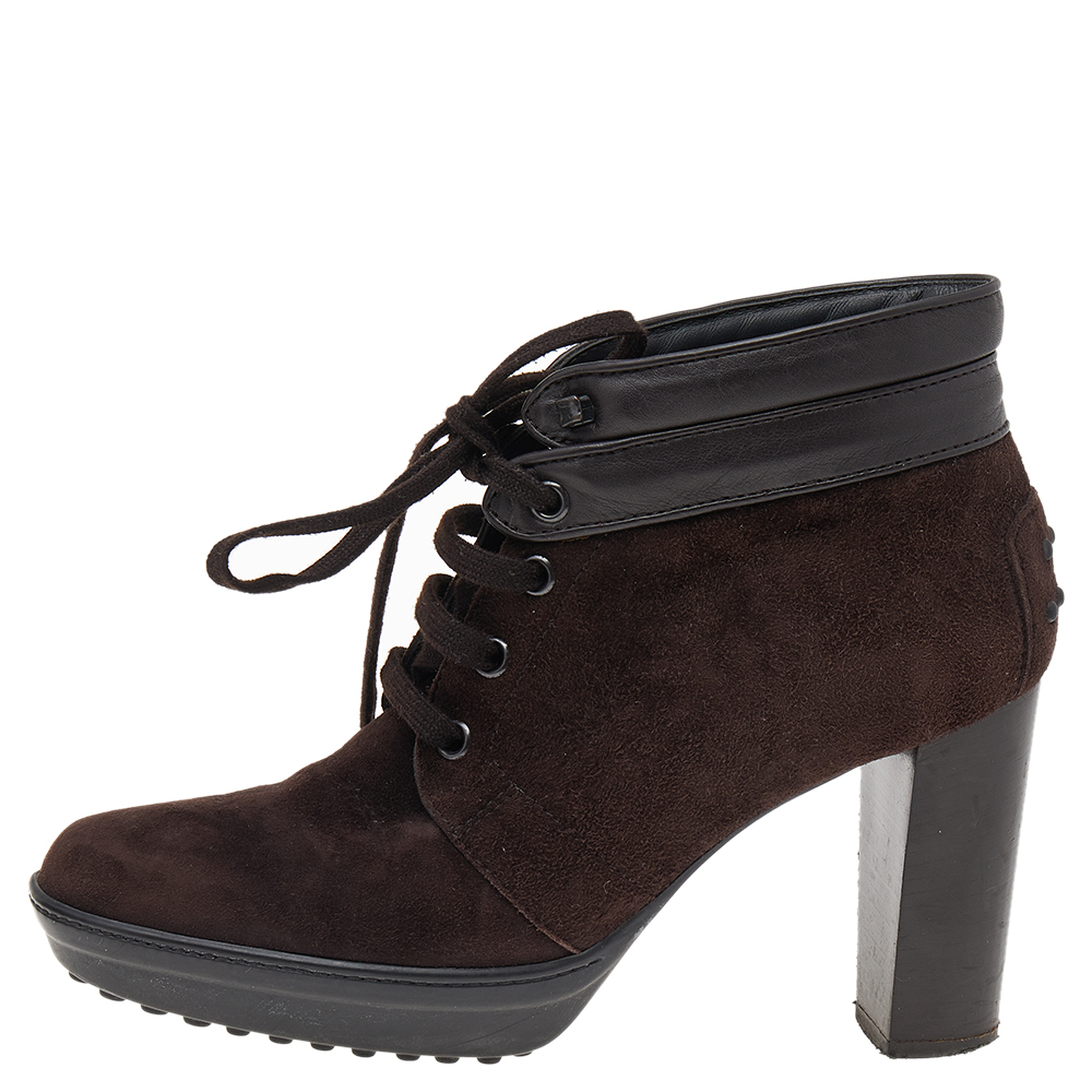 

Tod's Dark Brown Suede Lace Up Block Heel Booties Size