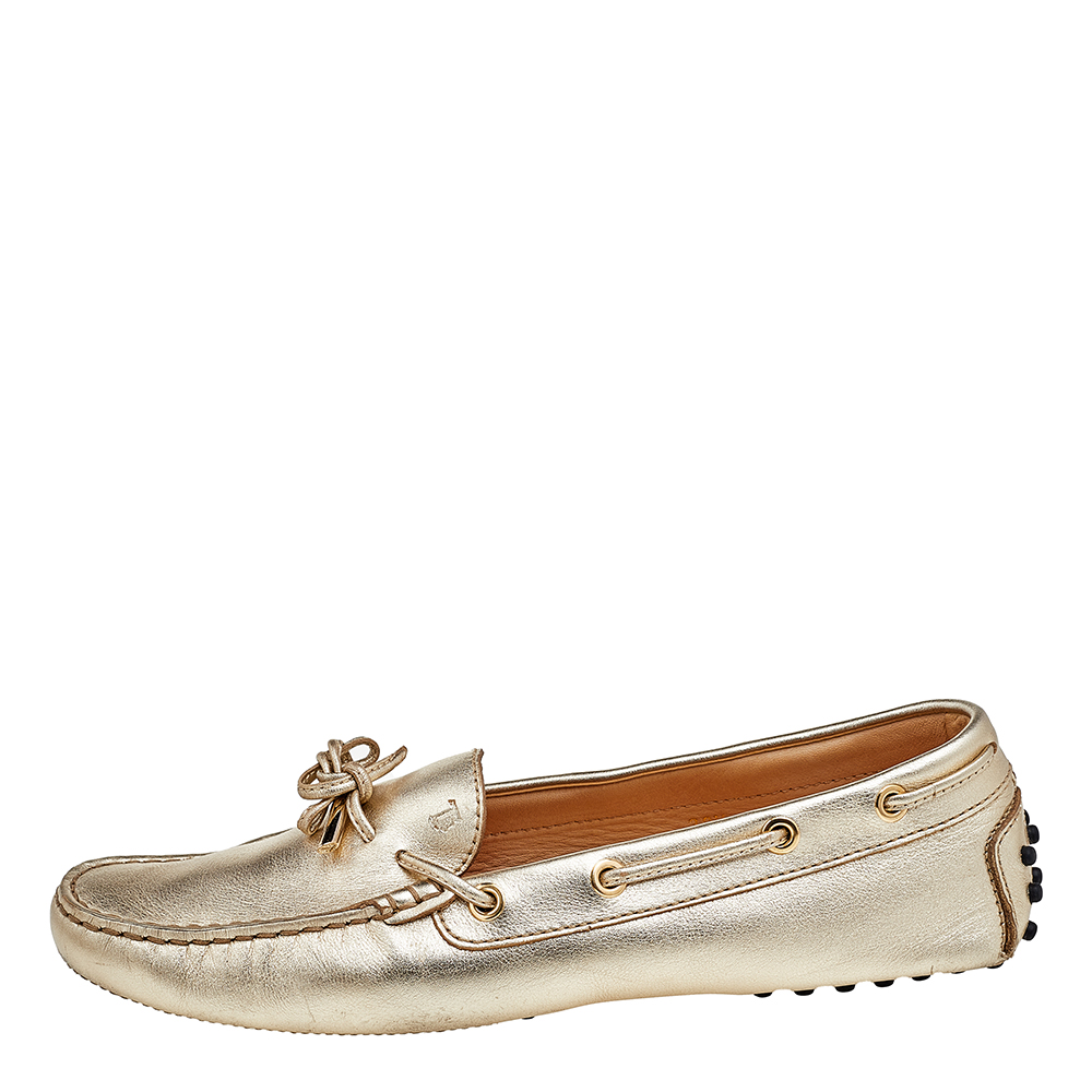 

Tod's Gold Leather Bow Slip On Loafers Size