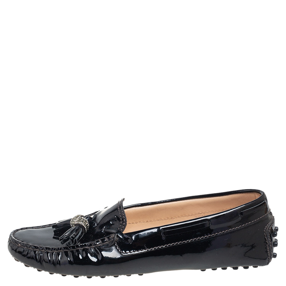 

Tod's Black Patent Leather Bow Slip On Loafers Size