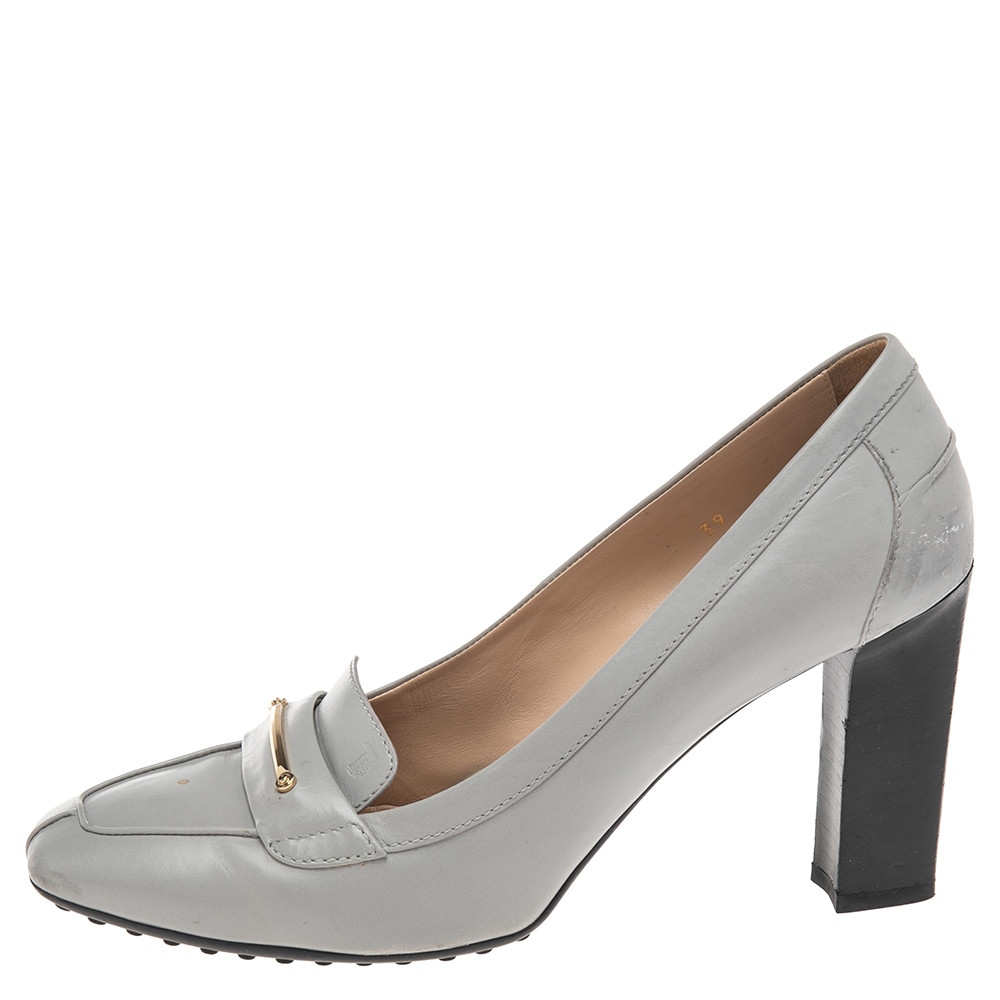 

Tod's Grey Leather Block Heel Loafer Pumps Size