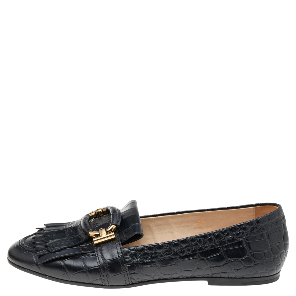 

Tod's Black Croc Embossed Leather Tassel Fringe Loafers Size