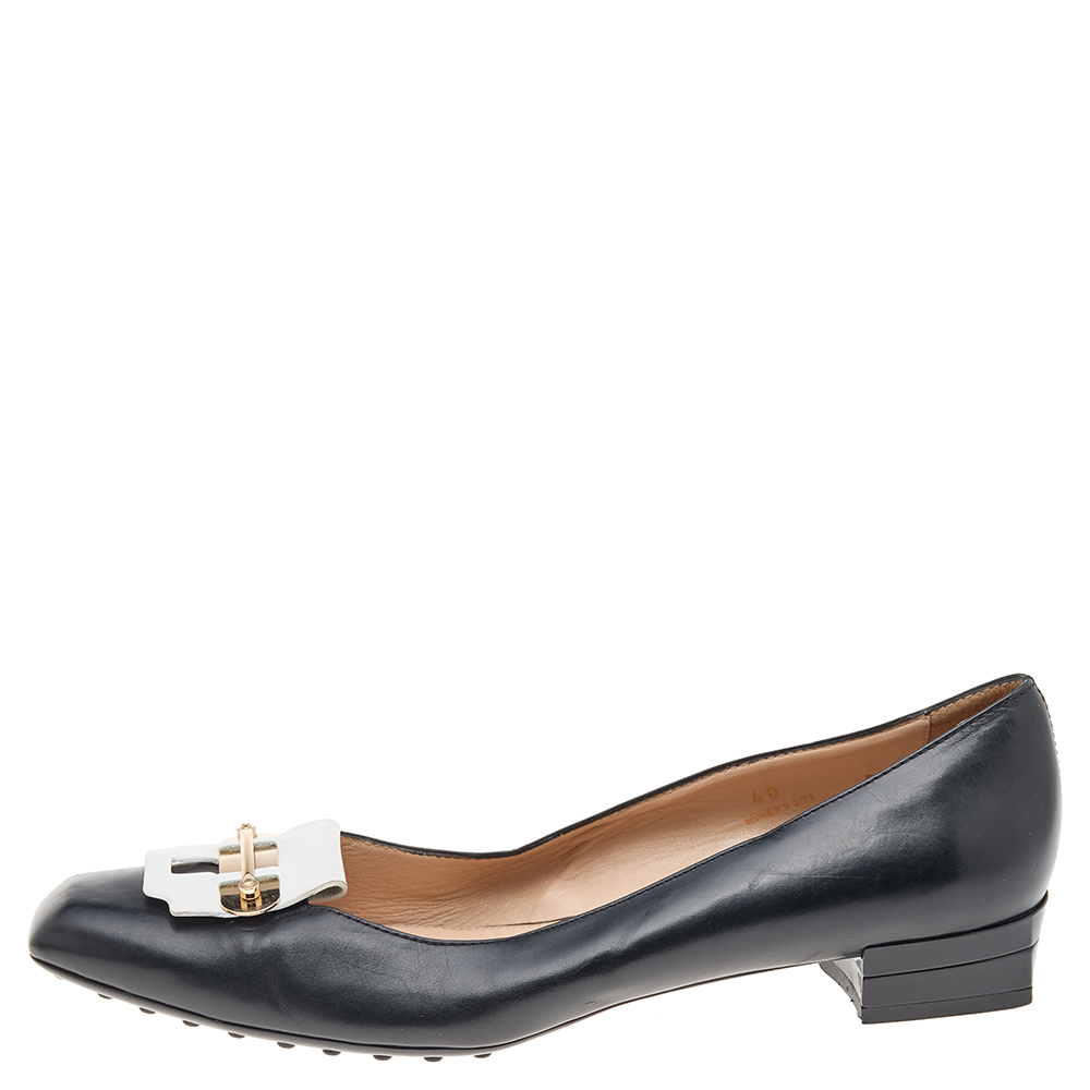 

Tod's Black/White Leather Block Heel Square Toe Pumps Size