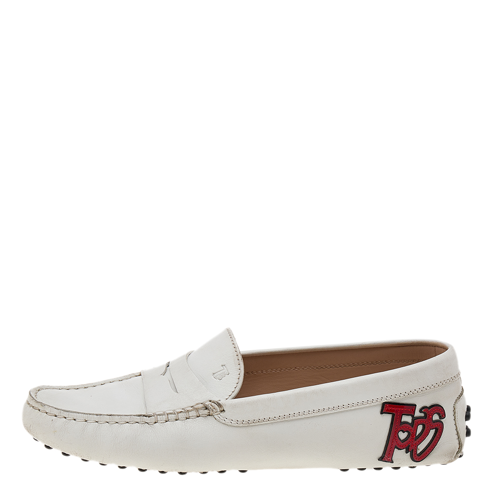 

Tod's White Leather Gommino Driving Loafers Size