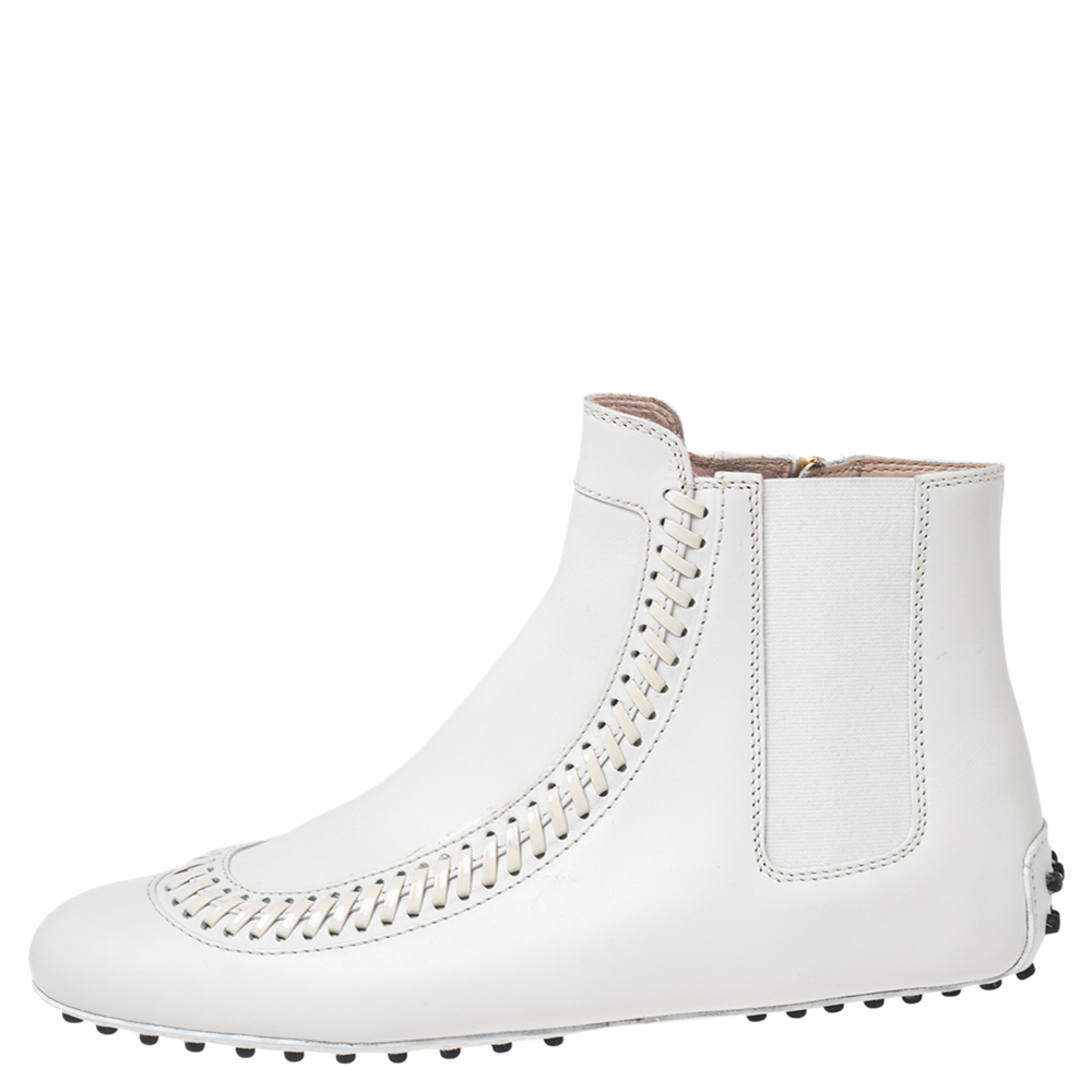 

Tod's White Leather Stitch Detail Ankle Boots Size