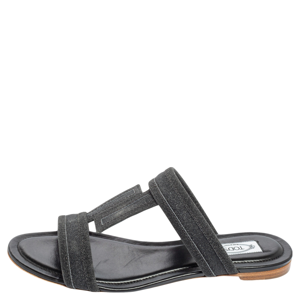

Tod's Black Glitter Leather Flat Slides Size