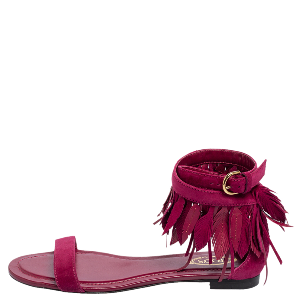 

Tod's Magenta Suede Leaves Fringe Ankle-Strap Flat Sandals Size, Purple