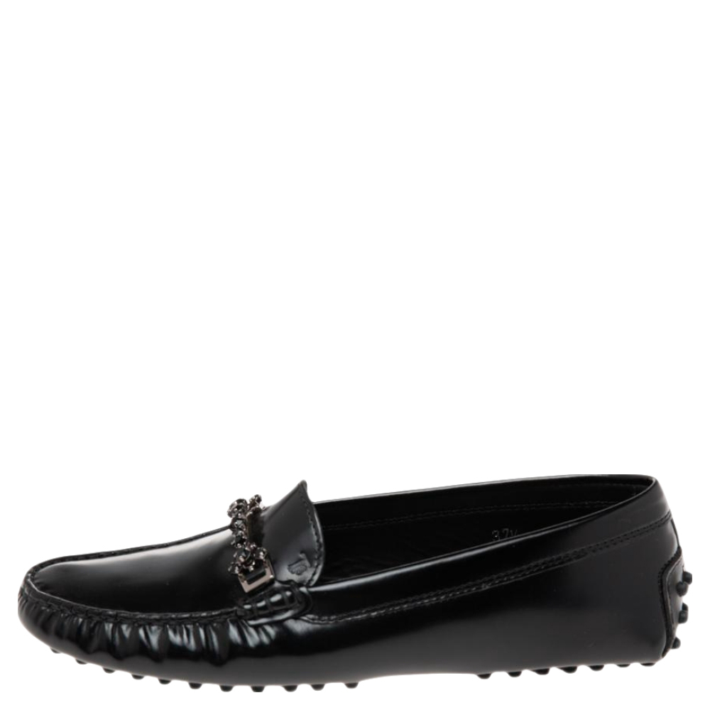 

Tod's Black Patent Leather Crystal Embellished Gommino Driver Loafers Size