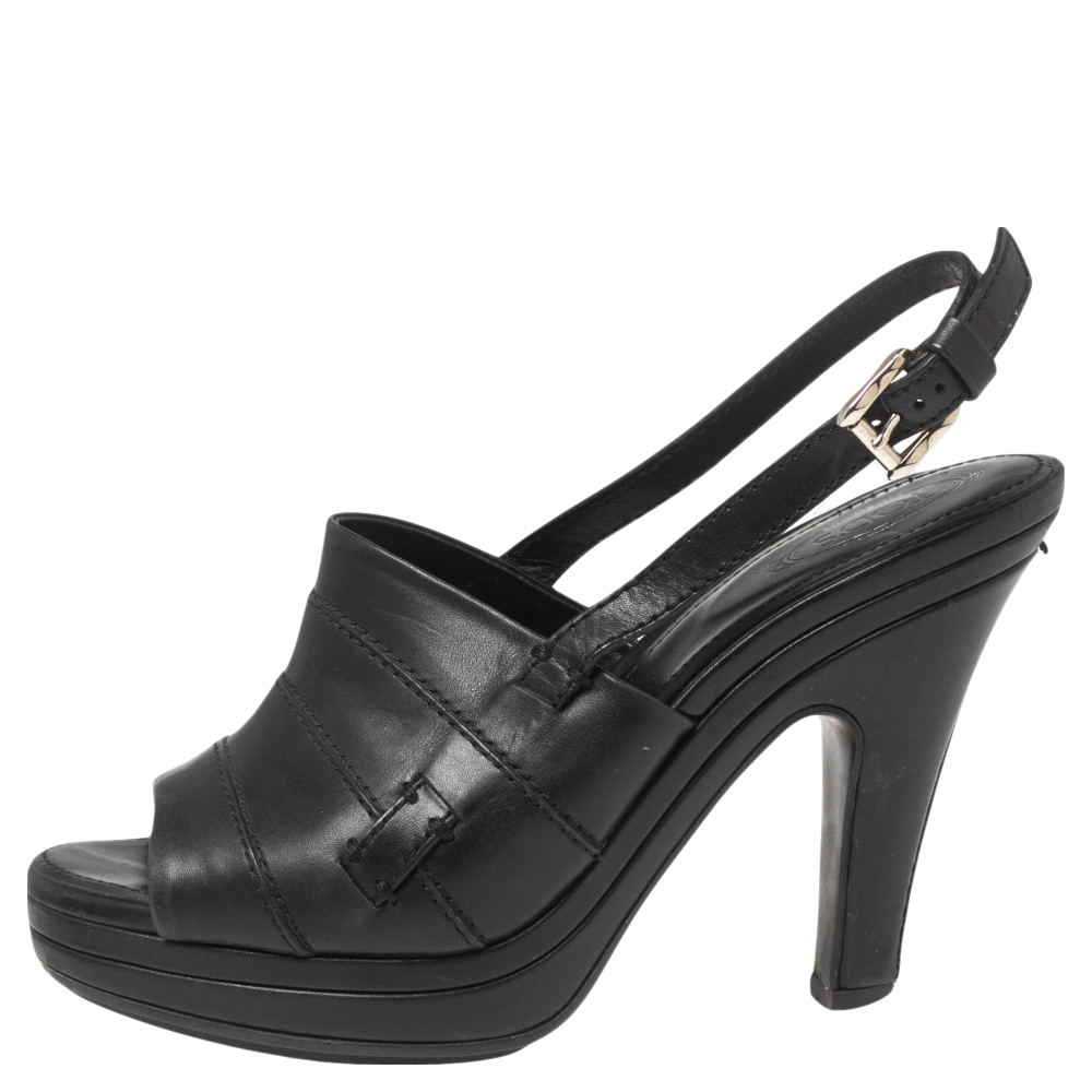 

Tod's Black Leather Peep-Toe Platform Slingback Sandals Size