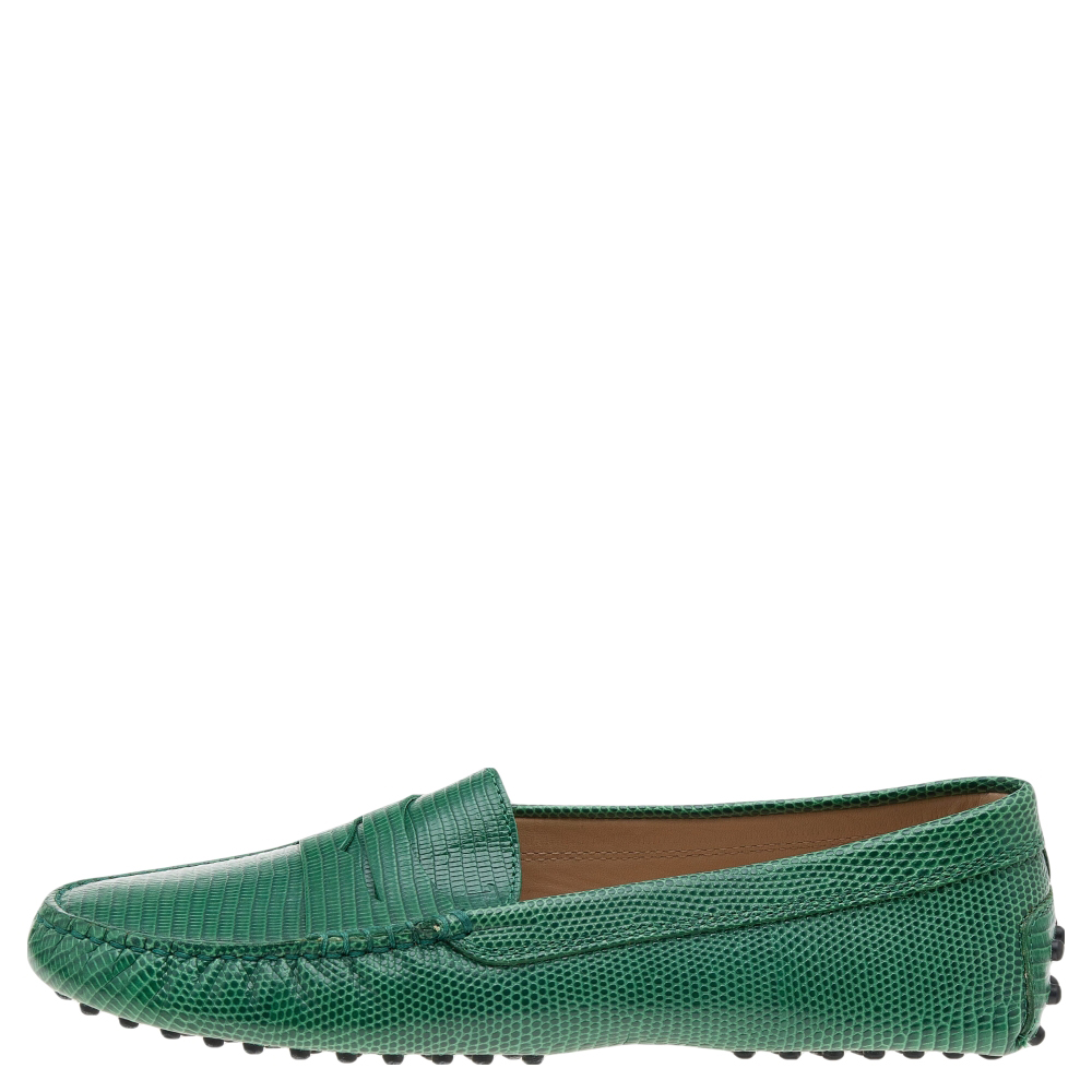 

Tod's Green Lizard Embossed Leather Gommino Slip On Loafers Size